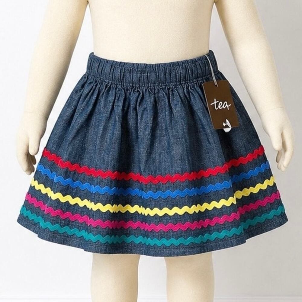 Tea Collection Ric Rac Twirl Skirt Chambray Rainbow Trim Girls 2 New Cotton